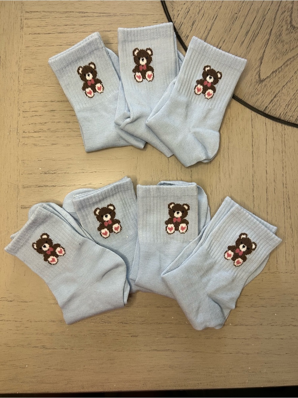 7 pairs - Light blue Teddy bear crew socks